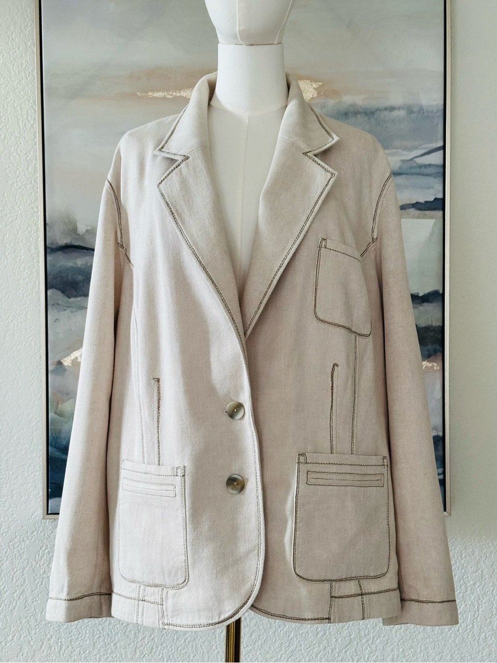 J.Jill Linen Blend Contrast Stitch Blazer Jacket Neutral Relaxed Fit